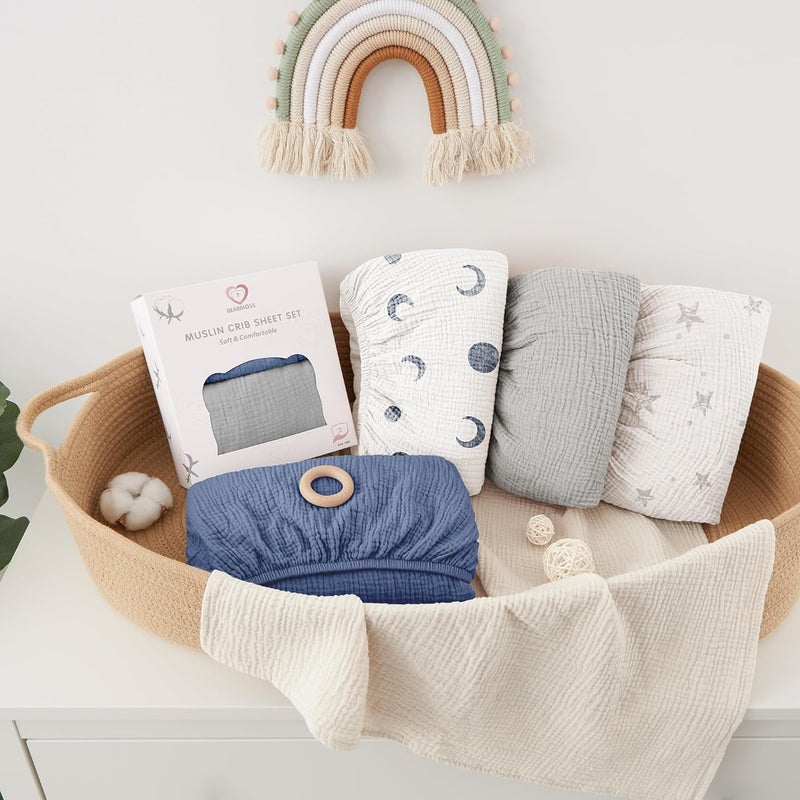 Bearmoss Muslin Mini Crib Sheets for Pack N Play Mattress - 100% Cotton - 38"x26" Soft Breathable Playard Baby Crib Sheets Neutral for Boys Girls - 2 Pack (Blue Elephant) - Image 5